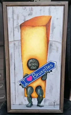 À quoi ressemblera le costume de frituriste du Manneken Pis dévoilé le 1er août 2026? Sera-t-il proche du «Manneken-Frit» (acrylique sur toile, 2023) de l'artiste Mike Eppe? Mike-Eppe_Manneken-Frit_acryl_2023_RECADRE_2_WEBP
