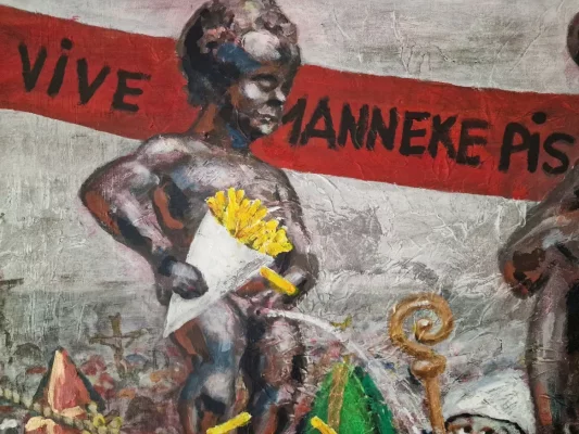 Jean‑Claude Defossé‑Dubié, «Jeanneke Pis et les marchands de bobards» (huile sur toile, 2017‑2025, extrait). Manneken-Pis_Jean-Claude-Defosse-Dubie_WEBP