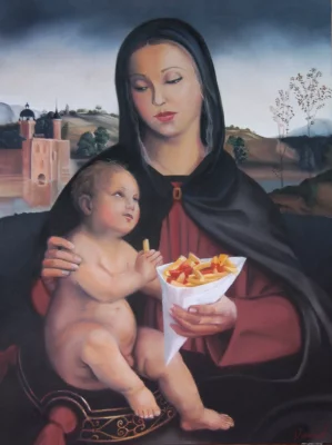 «La première tentation du Christ» (pastels secs, 2012; collection privée) de Dominique David détourne l’iconographie religieuse pour placer le cornet de frites au centre d’une scène de dévotion, entre humour et tendresse. La%20premi%C3%A8re%20tentation%20du%20Christ_WEBP
